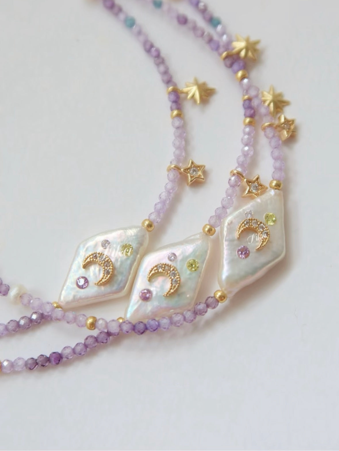 Celestial Lavender Bar Necklace with Moon Phase Charms